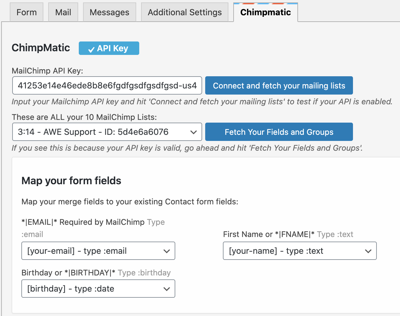 Mailchimp Birthday Form Settings