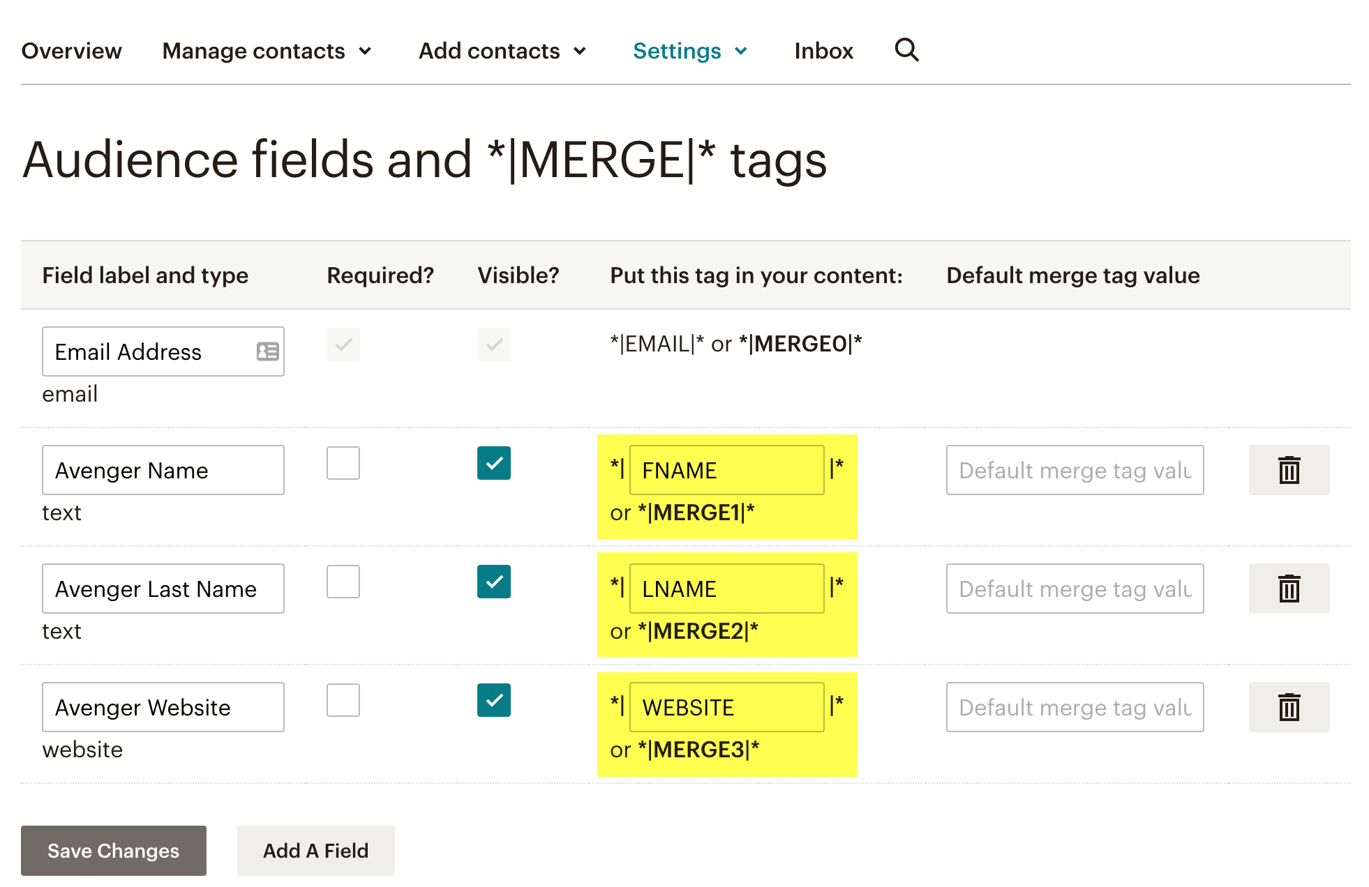 mailchimp audience fields and merge tags