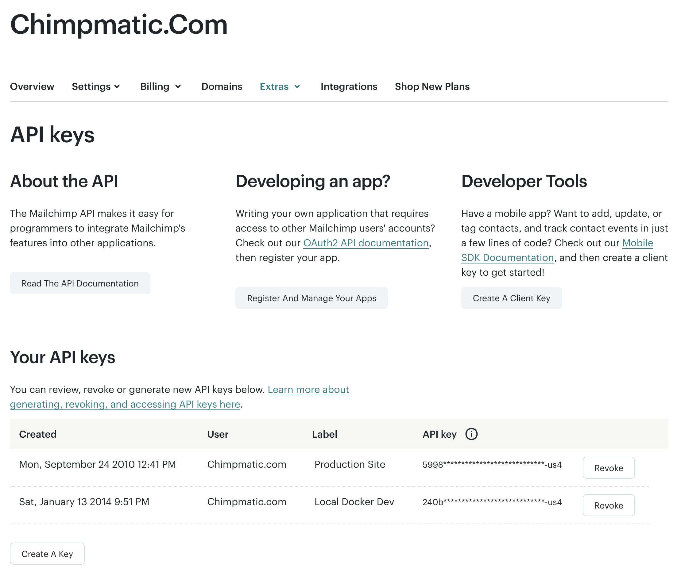 Mailchimp API keys dashboard showing Extras menu, existing keys with labels, and Create A Key button