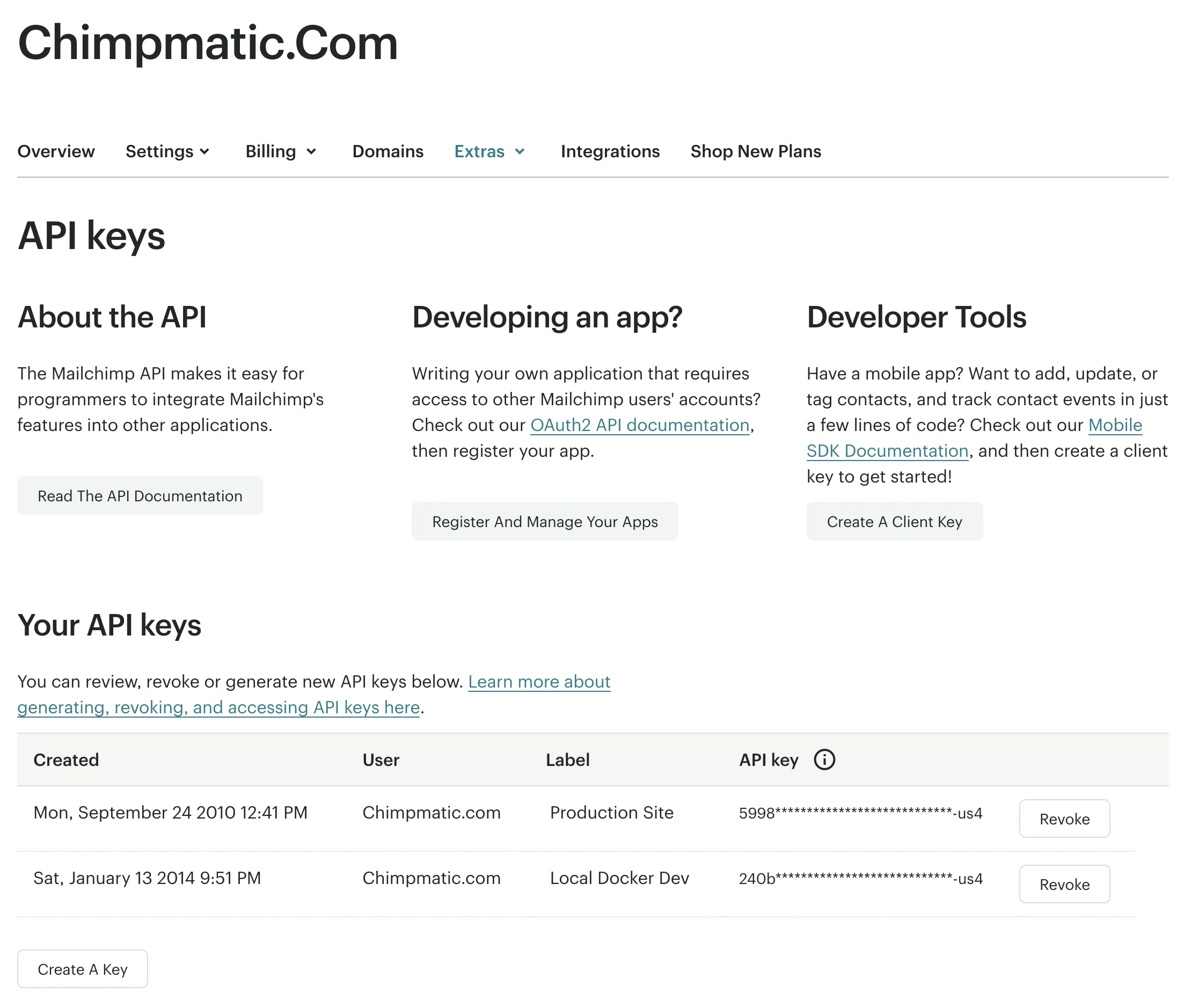 Mailchimp API keys dashboard showing how to find and generate a new API key