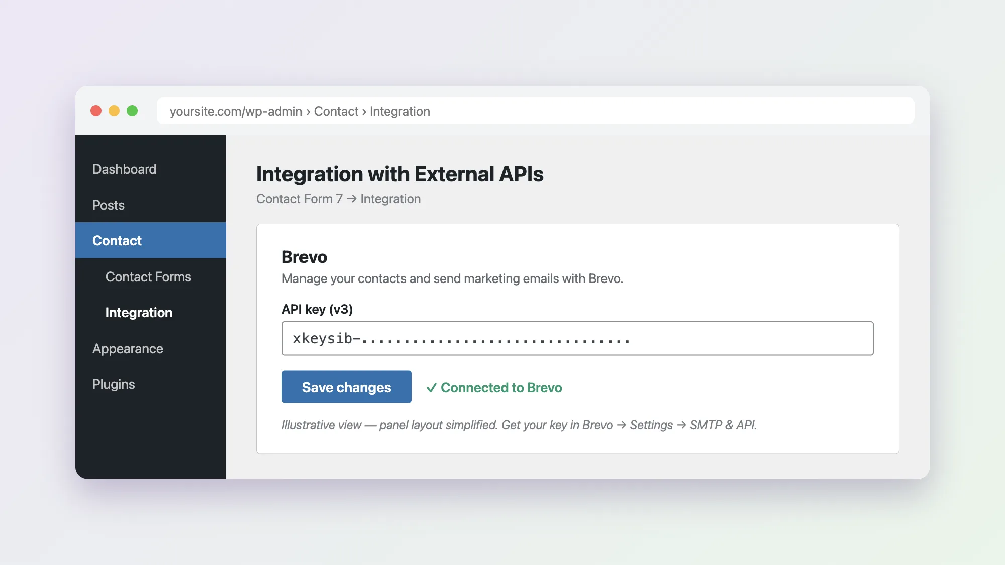 Brevo API key panel under Contact, Integration in WordPress admin (illustrative view)